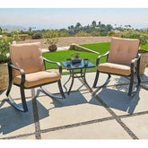 3-Piece Outdoor Patio Furniture Table Rocking Chairs Set with Beige Cushions-0