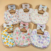 3-Piece Floral Baby Bibs Set with matching bows, soft polyester cotton, unisex design for boys and girls, multiple floral patterns