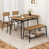4 Piece Dining Table Set for 4 Metal Frame with Bench and 2 Chairs-Brown-0