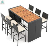 7 Pieces Patio Rattan Bar Set with Seat Cushions for Porch Yard Garden-0