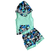 Boys Dinosaur Hoodie Set with sleeveless blue tank top, dinosaur print hood, kangaroo pocket, and soft milk silk dinosaur print shorts with elastic waistband.