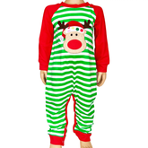 AnnLoren Baby Toddler Unisex long sleeve romper with red and green stripes and Rudolf the Reindeer patch