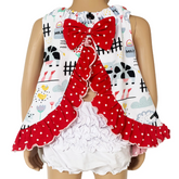 AnnLoren Girls' Fun Farm Animal Spring Tank Top with ruffles, open back, and red polka dot bow, made of soft Egyptian cotton blend.
