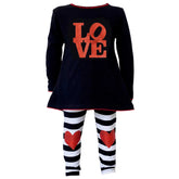 AnnLoren Girls LOVE Heart Tunic with black and white striped leggings featuring red heart accents Valentine's Day outfit