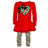 AnnLoren girls red leopard heart tunic with black satin bow and matching leopard print leggings set