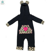 AnnLoren girls long sleeve black romper hoodie with leopard print accents and heart design