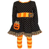 AnnLoren girls' Halloween pumpkin dress with black polka dot design, leopard bow, and orange striped leggings.