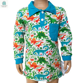 AnnLoren boys' long sleeve polo shirt with colorful dinosaur print, blue collar, and pocket, made of cotton-spandex blend for comfort and flexibility