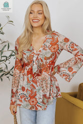 Celeste Floral V Neck Knot Bell Sleeve Blouse-0