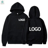 Black customized cotton and polyester hoodie for men and women with full sleeves and logo print on front and back