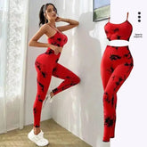Dye Yoga Women's Tracksuit with breathable nylon fabric, high-waist leggings, and stylish red and black tie-dye pattern.