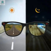 Men's round polarized sunglasses with lightweight polycarbonate frame showing clear daytime and nighttime road vision.