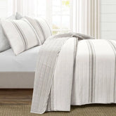 Full / Queen Grey Off-White 3 Piece Stripe Reversible Cotton Quilt Set-0