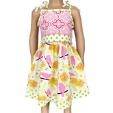 AnnLoren Girls' Spring Birds Dress in pink arabesque cotton knit with adjustable polka dot sash and bird print skirt.