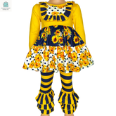 Girls gold and navy floral long sleeve ruffle shirt with striped pants fall outfit for girls