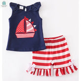 Girls nautical sailboat tank top in navy blue with ruffle sleeves and red striped ruffle shorts with white bows