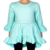 Girls turquoise cotton knit ruffle high low shirt with 3/4 sleeves for girls