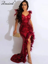 Guest Backless Side High Split Long Dress Women Sexy Sequins Feathers Mermaid EveningPleasant Product