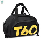 Black waterproof gym bag with yellow T60 logo, ultralight nylon fitness backpack with large capacity and dual handles.