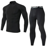 Black men's compression sportswear set with long-sleeve top and leggings, breathable elastic fitness gear for gym and running