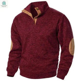 Men's regular fit casual long sleeve sweatshirt with stand collar and elbow patches in maroon polyester knit fabric