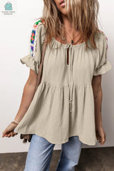 Milana Crinkle Embroidered Patched Bubble Sleeve Tied Neck Blouse-0