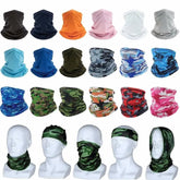 Collection of multi-purpose polyester riding scarves in various solid colors and camouflage patterns, shown styled as neck gaiters, headbands, and face masks on mannequins.