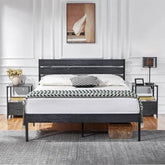 Queen size Industrial Platform Bed Frame with Wood Slatted Headboard in Black-0