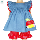 Girls blue chambray top with red polka dot ruffle shorts featuring apple and pencil applique for back to school outfit