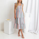 Striped Tie Shoulder Ruffle Hem Dress High Waist Long Dresses with Pocket Pleasant Product Express Inc