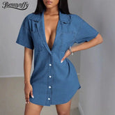 Turn-down Collar Single Breasted Denim Shirt Dress Pleasant Product Express Inc