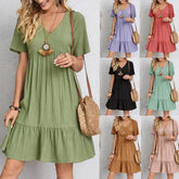 Loose V-neck Short-Sleeved Pleated Women's Dress Pleasant Product Express Inc