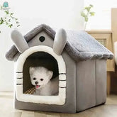 Indoor warm dog house soft pet bed tent in grey with removable cushion and cozy bunny-ear design for small dogs and cats.
