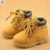 Stylish winter baby and toddler unisex lace-up boots with plush lining and durable PU upper in tan color