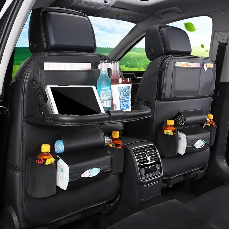 Car backseat organizer with tablet holder, drink holders, and storage pockets for a tidy automotive interior.