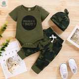 0-18 Months Baby Outfit Set with short sleeve bodysuit, camouflage pants, and matching headband for newborns
