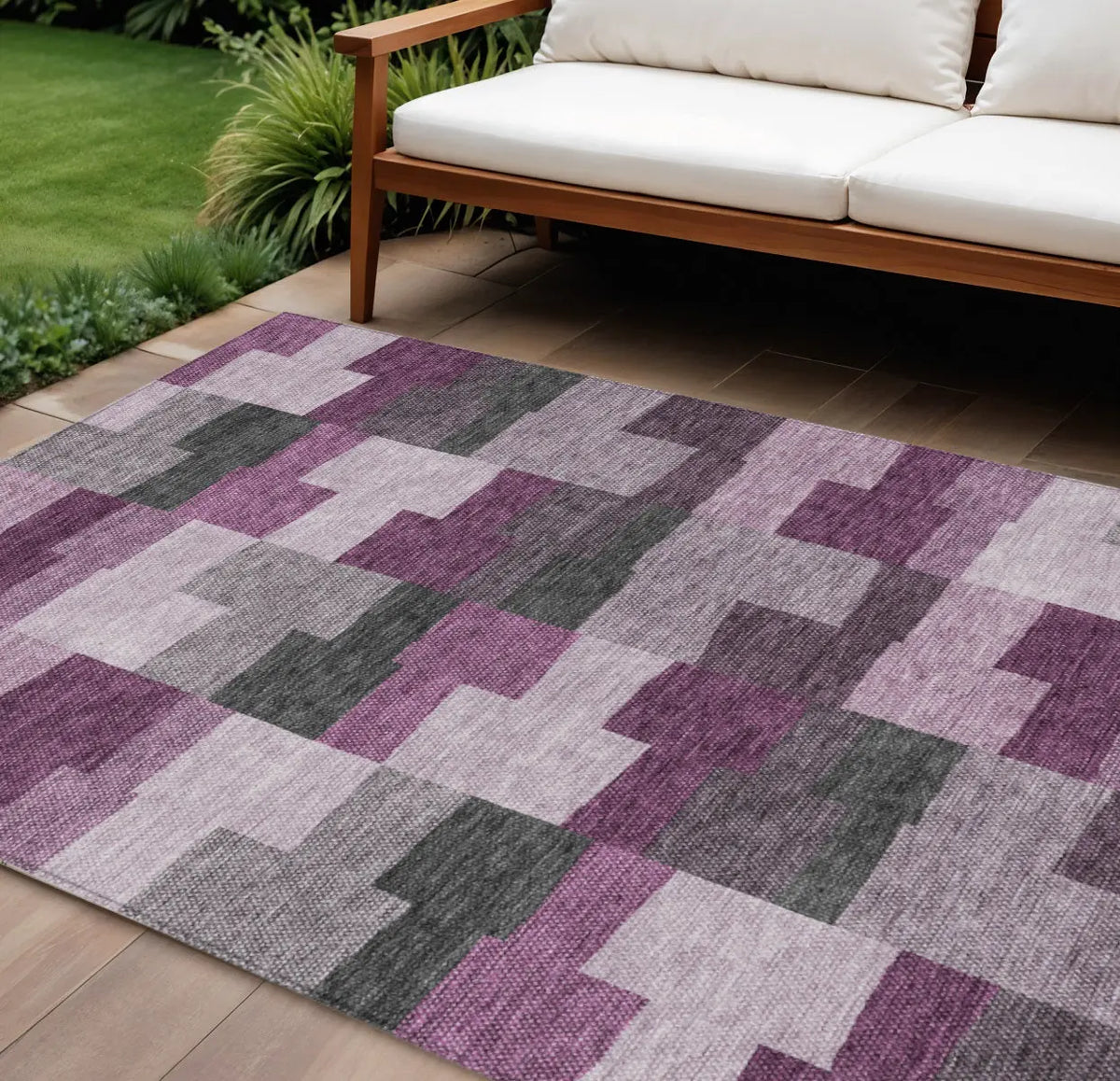 10' X 14' Merlot Mauve And Charcoal Geometric Washable Indoor Outdoor Area Rug-0