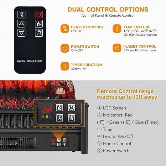 1400W Electric Fireplace Log Heater with Adjustable Flame Brightness-Black-3