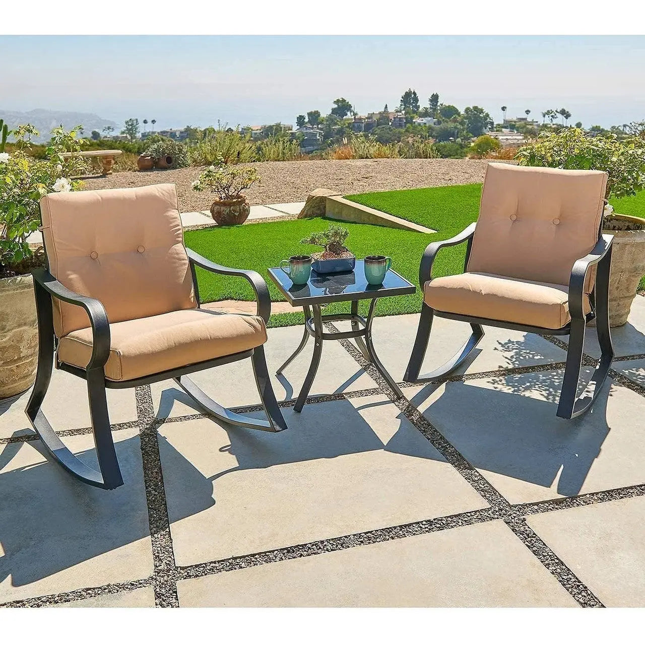 3-Piece Outdoor Patio Furniture Table Rocking Chairs Set with Beige Cushions-0