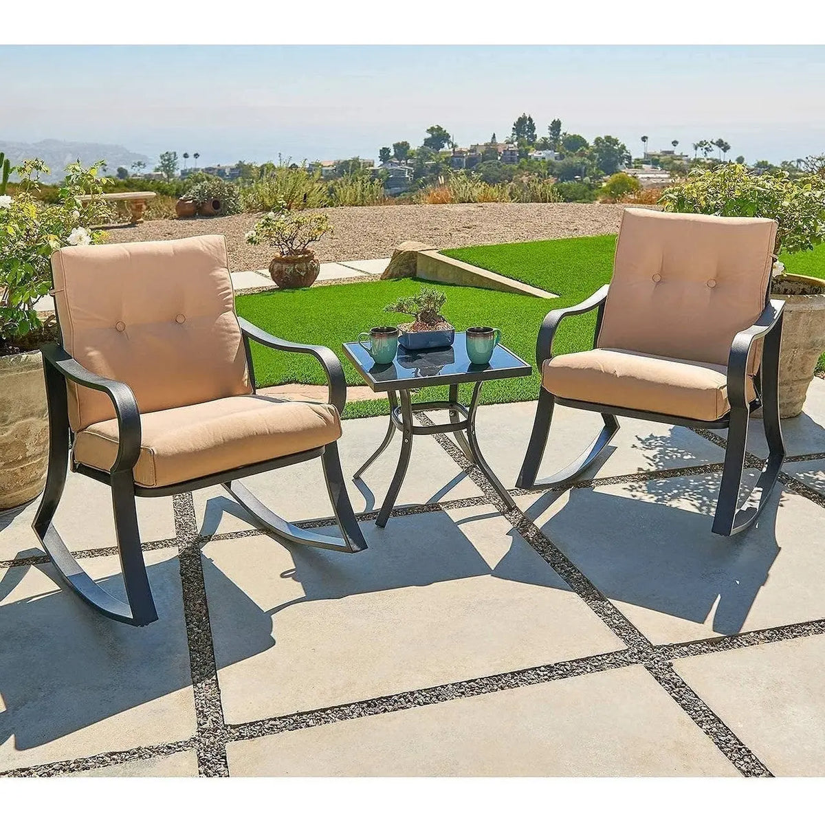 3-Piece Outdoor Patio Furniture Table Rocking Chairs Set with Beige Cushions-0