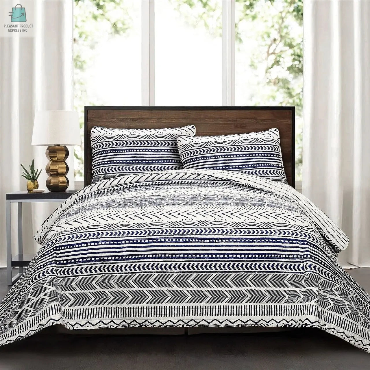 3 Piece Scandinavian Blue White Reversible Cotton Set in Full/Queen-0