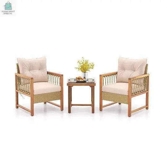 3 Pieces Patio Furniture Set with Acacia Wood Frame Cushions-Brown-0