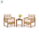 3 Pieces Patio Furniture Set with Acacia Wood Frame Cushions-Brown-0