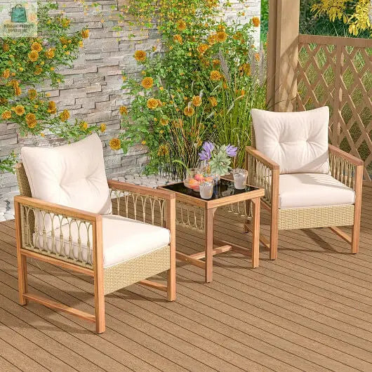 3 Pieces Patio Furniture Set with Acacia Wood Frame Cushions-Brown-1