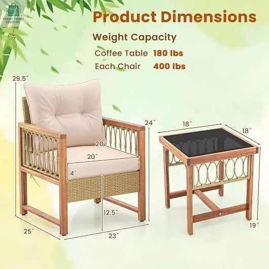 3 Pieces Patio Furniture Set with Acacia Wood Frame Cushions-Brown-2