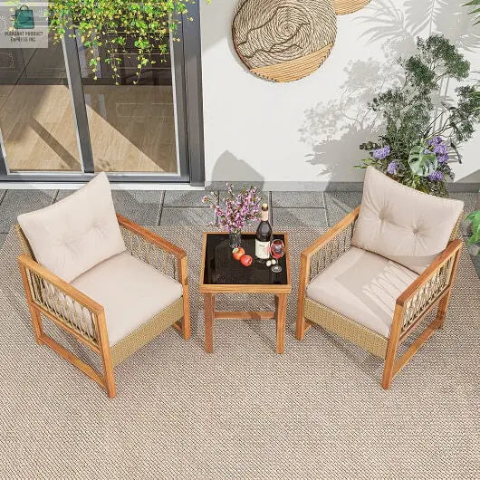 3 Pieces Patio Furniture Set with Acacia Wood Frame Cushions-Brown-3