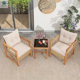 3 Pieces Patio Furniture Set with Acacia Wood Frame Cushions-Brown-3