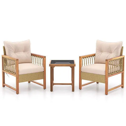 3 Pieces Patio Furniture Set with Acacia Wood Frame Cushions-Brown-4