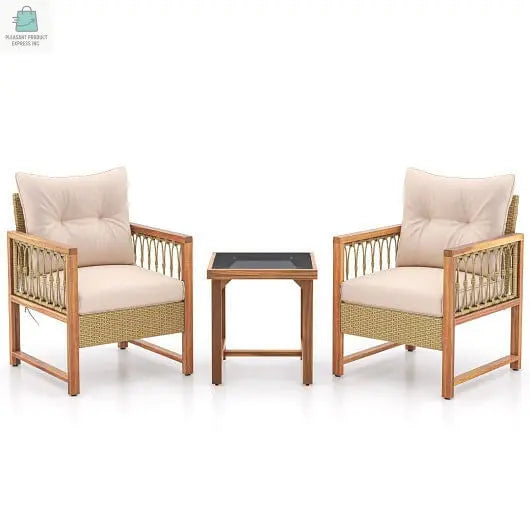 3 Pieces Patio Furniture Set with Acacia Wood Frame Cushions-Brown-4