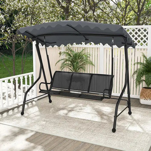 3-Seat Outdoor Porch Canopy Swing with Adjustable Shading-Gray-3